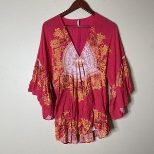 Free People Small Sunset Dreams Ruffle V Neck Flare Sleeve Blouse Top Shirt